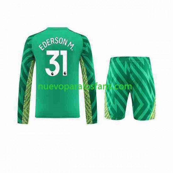 Camiseta de Fútbol Manchester City Ederson Moraes 31 Portero Niño Casa 2023-2024 Manga Larga