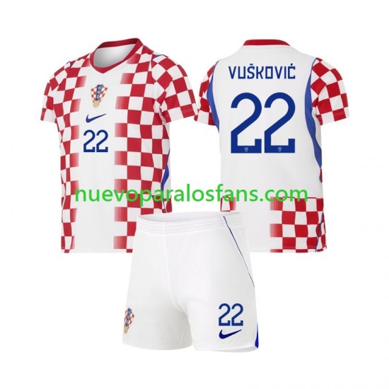 Camiseta de Fútbol Croacia Luka Vuskovic 22 Niño Casa Copa Mundial 2026 Manga Corta