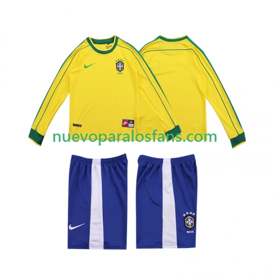 Camiseta de Fútbol Brasil Retro Niño Casa 1998 Manga Larga