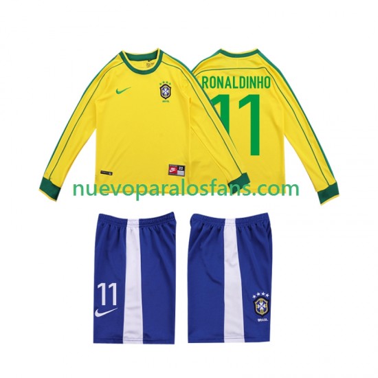 Camiseta de Fútbol Brasil RONALDINHO 11 Retro Niño Casa 1998 Manga Larga