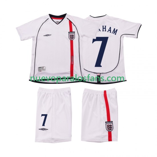 Camiseta de Fútbol Inglaterra BECKHAM 7 Retro Niño Casa 2002 Manga Corta