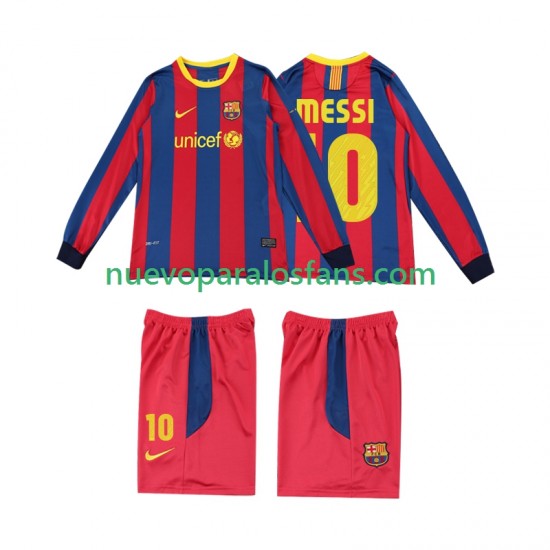 Camiseta de Fútbol FC Barcelona Lionel Messi 10 Retro Niño Casa 2011 2010 Manga Larga
