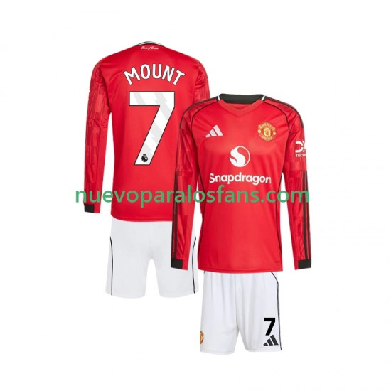 Camiseta de Fútbol Manchester United Mason Mount 7 Niño Casa 2025-2026 Manga Larga