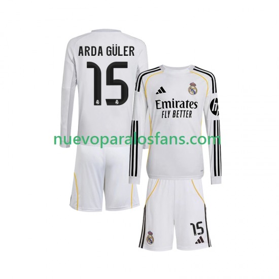 Camiseta de Fútbol Real Madrid Arda Guler 15 Niño Casa 2025-2026 Manga Larga