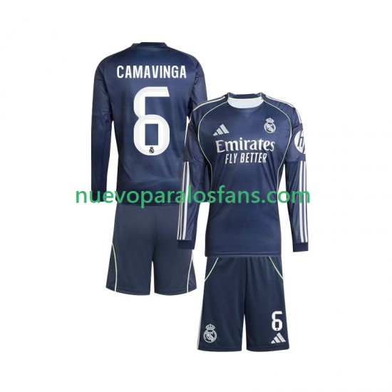 Camiseta de Fútbol Real Madrid Camavinga 6 Niño Exterior 2025-2026 Manga Larga