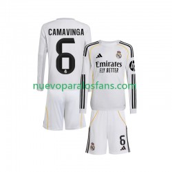 Camiseta de Fútbol Real Madrid Camavinga 6 Niño Casa 2025-2026 Manga Larga