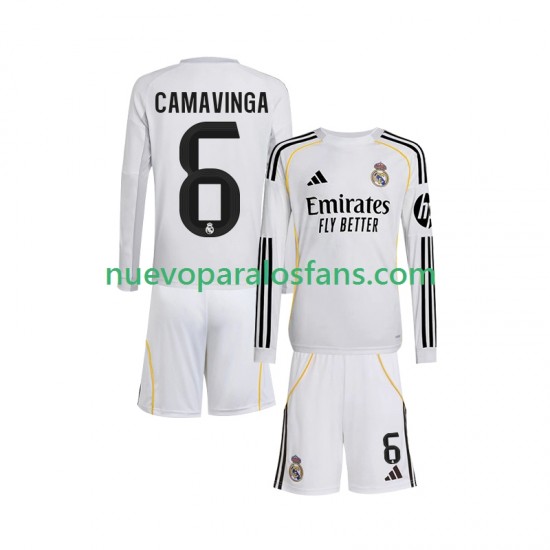 Camiseta de Fútbol Real Madrid Camavinga 6 Niño Casa 2025-2026 Manga Larga