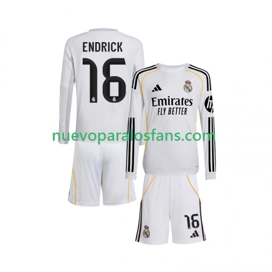 Camiseta de Fútbol Real Madrid Endrick 16 Niño Casa 2025-2026 Manga Larga