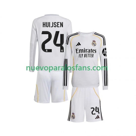 Camiseta de Fútbol Real Madrid Huijsen 24 Niño Casa 2025-2026 Manga Larga