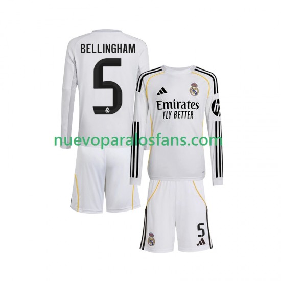 Camiseta de Fútbol Real Madrid Jude Bellingham 5 Niño Casa 2025-2026 Manga Larga