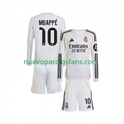 Camiseta de Fútbol Real Madrid Mbappé Kylian 10 Niño Casa 2025-2026 Manga Larga