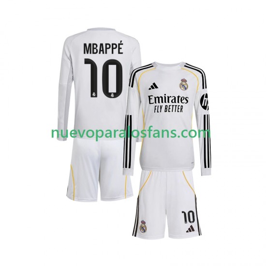 Camiseta de Fútbol Real Madrid Mbappé Kylian 10 Niño Casa 2025-2026 Manga Larga