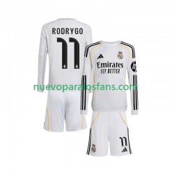Camiseta de Fútbol Real Madrid Rodrygo 11 Niño Casa 2025-2026 Manga Larga