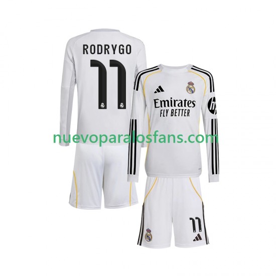 Camiseta de Fútbol Real Madrid Rodrygo 11 Niño Casa 2025-2026 Manga Larga