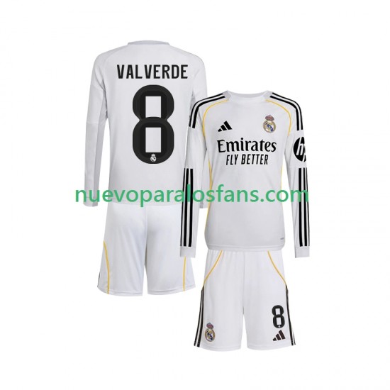 Camiseta de Fútbol Real Madrid Valverde 8 Niño Casa 2025-2026 Manga Larga