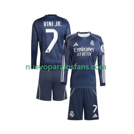 Camiseta de Fútbol Real Madrid Vinicius Junior 7 Niño Exterior 2025-2026 Manga Larga