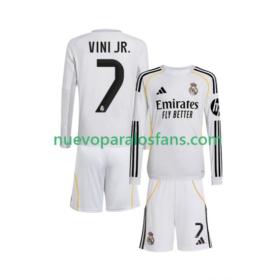 Camiseta de Fútbol Real Madrid Vinicius Junior 7 Niño Casa 2025-2026 Manga Larga