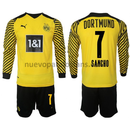 Camiseta de Fútbol Borussia Dortmund Sancho 7 Niño Casa 2021-2022 Manga Larga