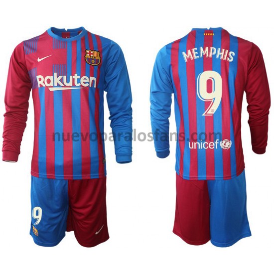 Camiseta de Fútbol FC Barcelona Memphis Depay 9 Niño Casa 2021-2022 Manga Larga