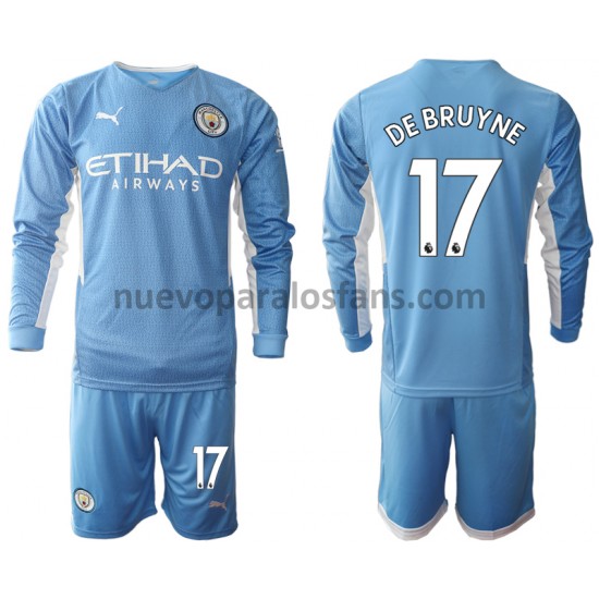 Camiseta de Fútbol Manchester City Kevin De Bruyne 17 Niño Casa 2021-2022 Manga Larga