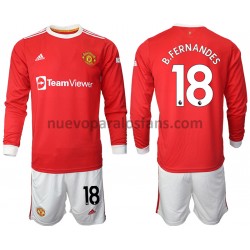 Camiseta de Fútbol Manchester United Bruno Fernandes 18 Niño Casa 2021-2022 Manga Larga
