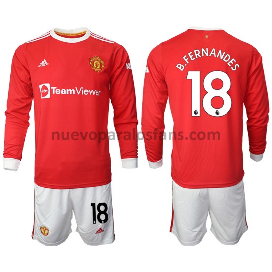 Camiseta de Fútbol Manchester United Bruno Fernandes 18 Niño Casa 2021-2022 Manga Larga