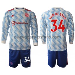 Camiseta de Fútbol Manchester United Donny Van De Beek 34 Niño Exterior 2021-2022 Manga Larga