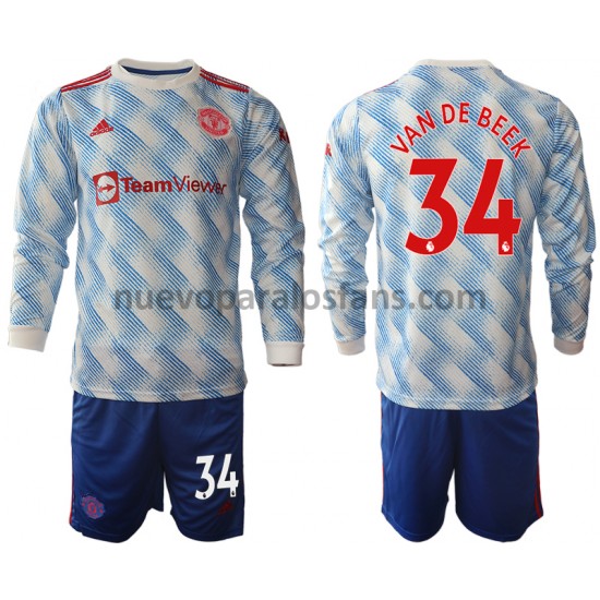 Camiseta de Fútbol Manchester United Donny Van De Beek 34 Niño Exterior 2021-2022 Manga Larga