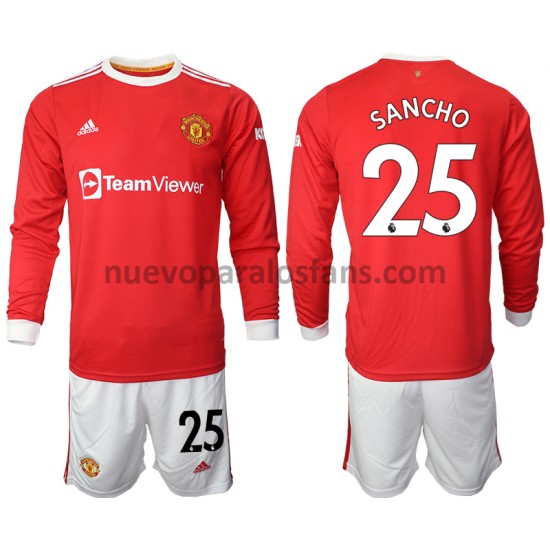 Camiseta de Fútbol Manchester United Jadon Sancho 25 Niño Casa 2021-2022 Manga Larga