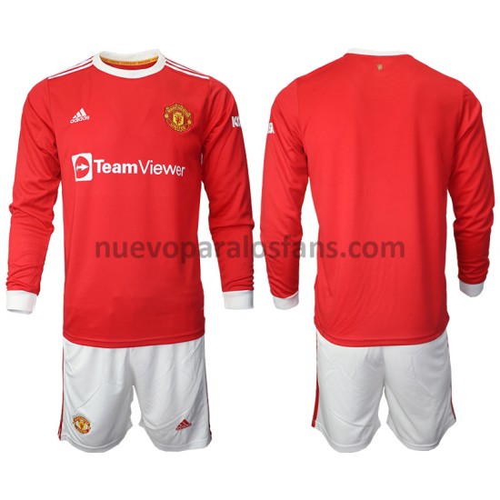Camiseta de Fútbol Manchester United Niño Casa 2021-2022 Manga Larga