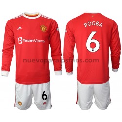 Camiseta de Fútbol Manchester United Paul Pogba 6 Niño Casa 2021-2022 Manga Larga