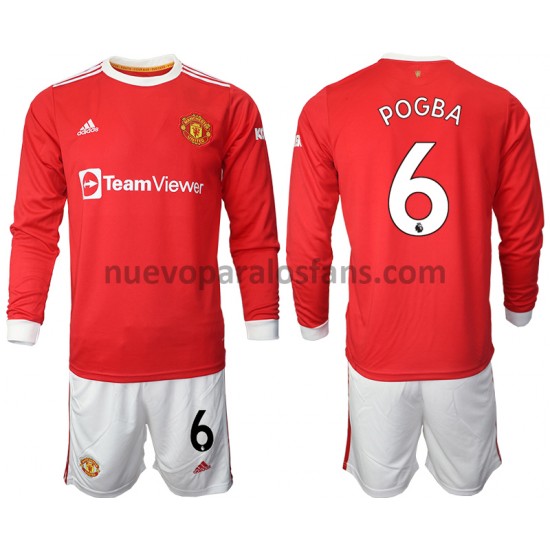 Camiseta de Fútbol Manchester United Paul Pogba 6 Niño Casa 2021-2022 Manga Larga