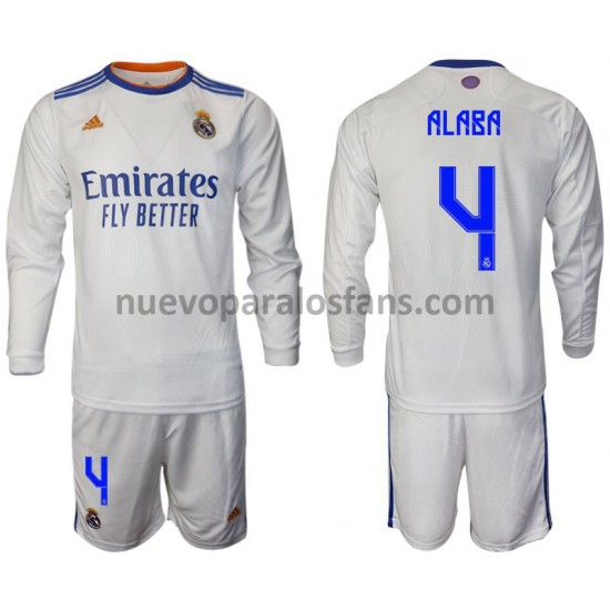 Camiseta de Fútbol Real Madrid Alaba 4 Niño Casa 2021-2022 Manga Larga