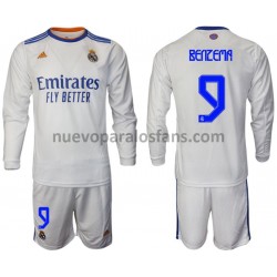 Camiseta de Fútbol Real Madrid Benzema 9 Niño Casa 2021-2022 Manga Larga