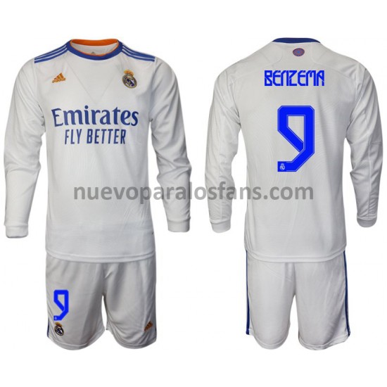 Camiseta de Fútbol Real Madrid Benzema 9 Niño Casa 2021-2022 Manga Larga