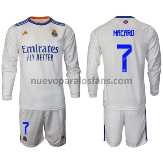 Camiseta de Fútbol Real Madrid Hazard 7 Niño Casa 2021-2022 Manga Larga