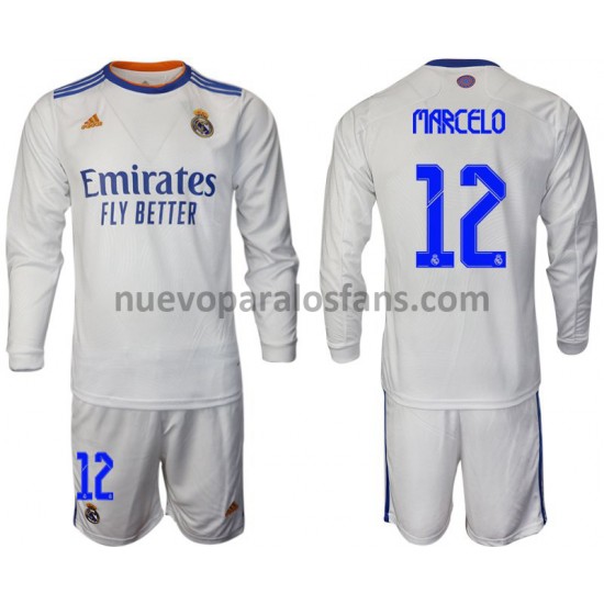 Camiseta de Fútbol Real Madrid Marcelo 12 Niño Casa 2021-2022 Manga Larga