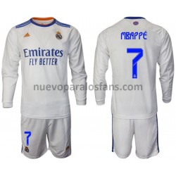 Camiseta de Fútbol Real Madrid Mbappé 7 Niño Casa 2021-2022 Manga Larga