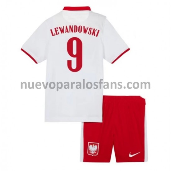 Camiseta de Fútbol Polonia Robert Lewandowski 9 Niño Casa Euro 2020 Manga Corta