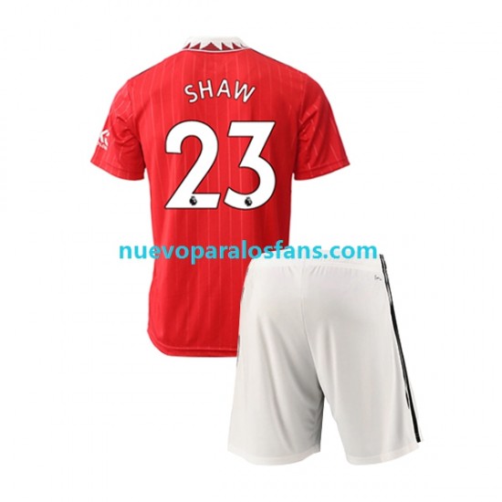 Camiseta de Fútbol Manchester United Luke Shaw 23 Niño Casa 2022-2023 Manga Corta