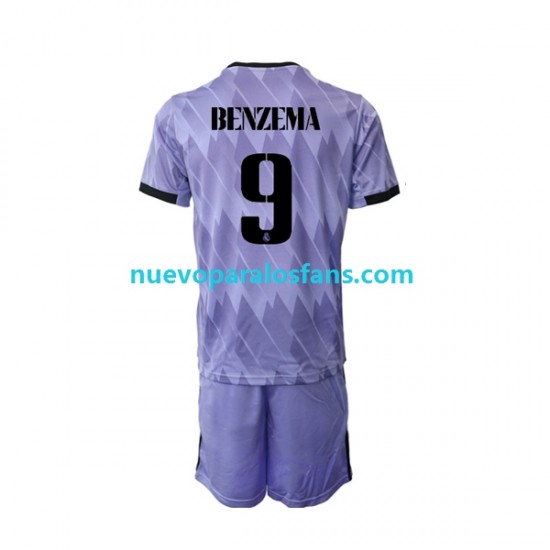 Camiseta de Fútbol Real Madrid Karim Benzema 9 Niño Exterior 2022-2023 Manga Corta