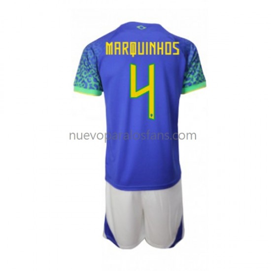 Camiseta de Fútbol Brasil Marquinhos 4 Niño Exterior Copa Mundial 2022 Manga Corta