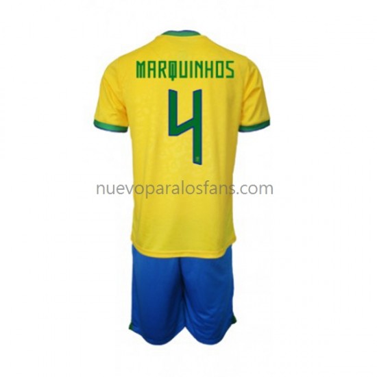 Camiseta de Fútbol Brasil Marquinhos 4 Niño Casa Copa Mundial 2022 Manga Corta