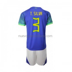 Camiseta de Fútbol Brasil Thiago Silva 3 Niño Exterior Copa Mundial 2022 Manga Corta