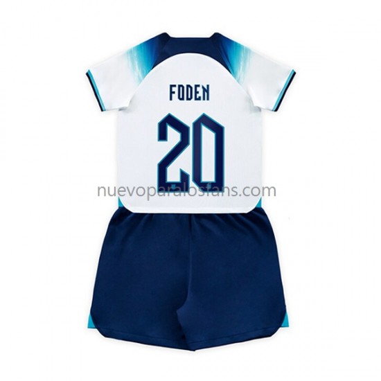 Camiseta de Fútbol Inglaterra Foden 20 Niño Casa Copa Mundial 2022 Manga Corta