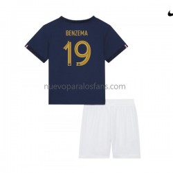 Camiseta de Fútbol Francia Benzema 19 Niño Casa Copa Mundial 2022 Manga Corta
