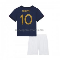 Camiseta de Fútbol Francia Mbappé 10 Niño Casa Copa Mundial 2022 Manga Corta