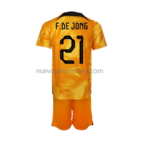 Camiseta de Fútbol Países Bajos Frenkie de Jong 21 Niño Casa Copa Mundial 2022 Manga Corta