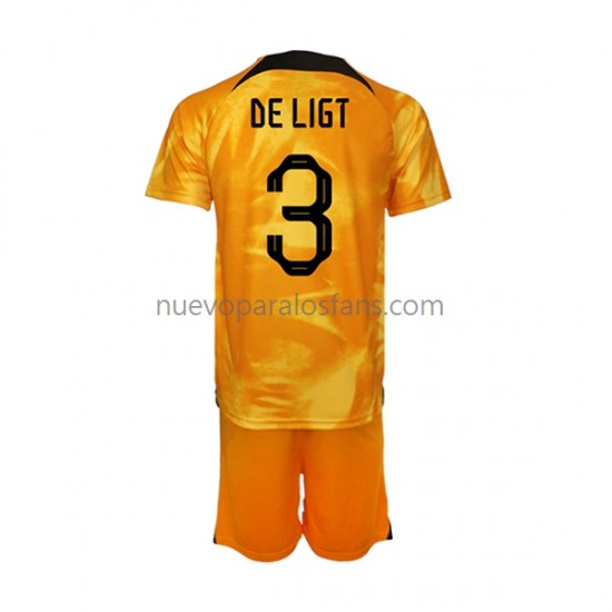 Camiseta de Fútbol Países Bajos Matthijs de Ligt 3 Niño Casa Copa Mundial 2022 Manga Corta