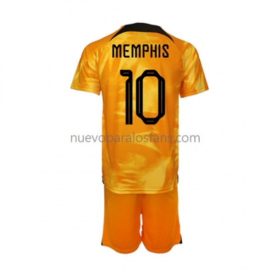 Camiseta de Fútbol Países Bajos Memphis Depay 10 Niño Casa Copa Mundial 2022 Manga Corta
